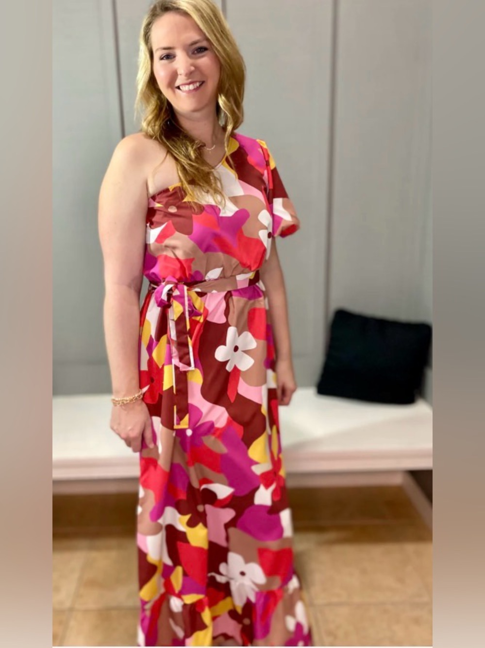 Fantastic Fawn One-Shoulder Maxi Dress in Pink, Red and Yellow Floral